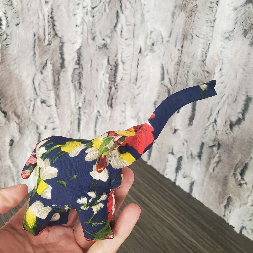 Navy Blue Floral Sand Stuffed Lucky Elephant - Trunk Up 6
